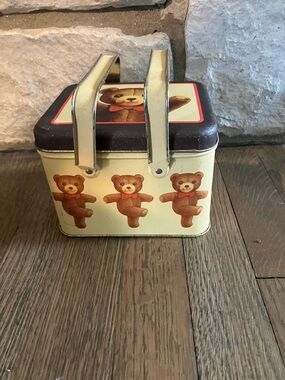 Vintage teddy bear handled picnic basket style lidded tin